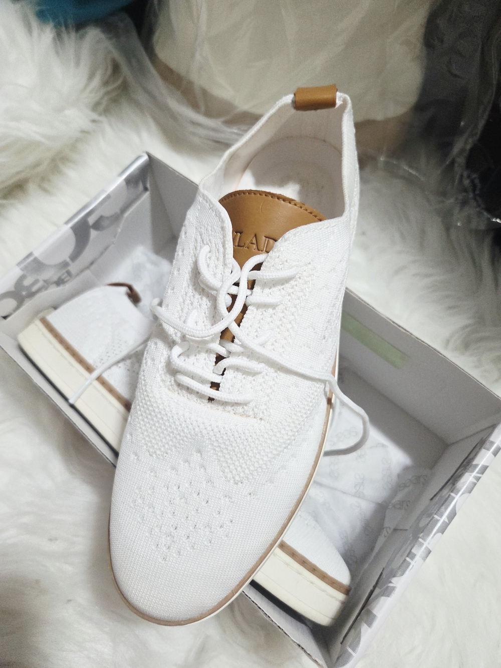 Vlado White Knit Lace-Up Flats with Tan Heel Tab